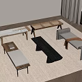 Modern Room Interior With Various Designed Benches Tables Window And Curtains On Light Carpet