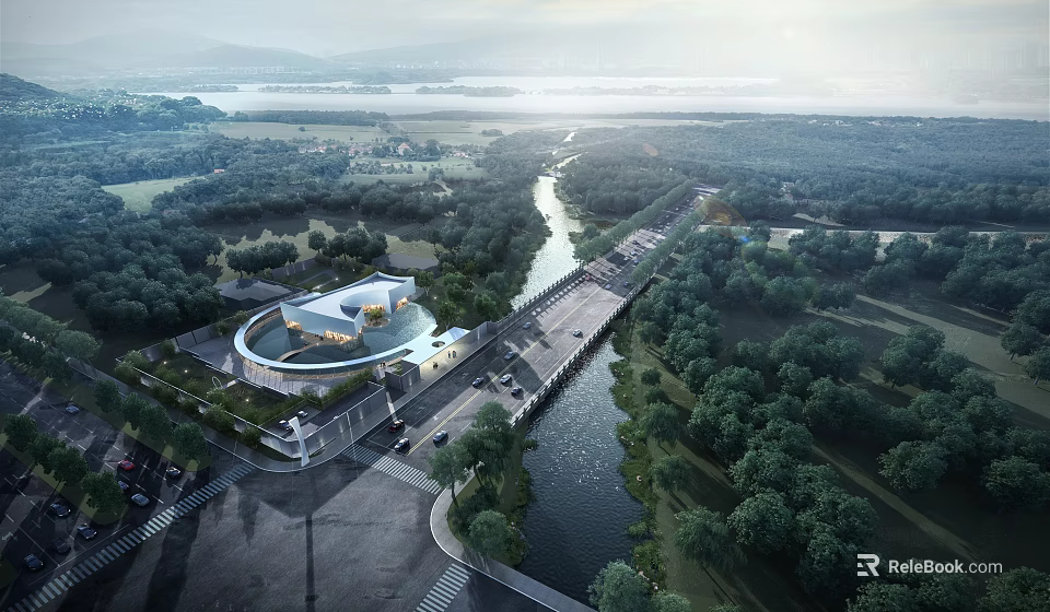 Aerial Planning of Modern Architectural Design with River Forest and Scenic Road Access 3d model 