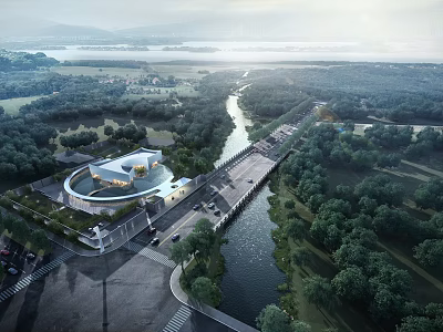 Aerial Planning of Modern Architectural Design with River Forest and Scenic Road Access 3d model