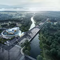Aerial Planning of Modern Architectural Design with River Forest and Scenic Road Access