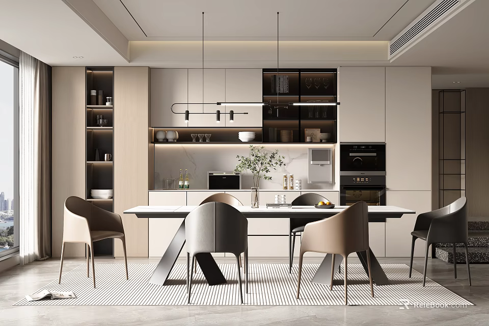 Elegant Modern Restaurant Interior With Dining Table Chairs Pendant Lights Marble Countertop And Cabinets 3d model 