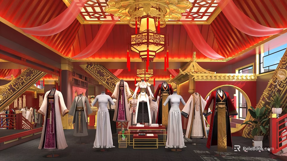 Traditional Chinese Clothing Store with Mannequins Red Drapes Golden Carved Ceiling and Lanterns 3d model 