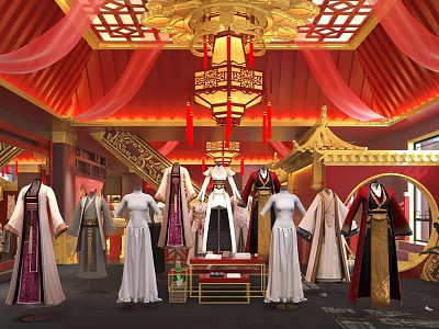 Traditional Chinese Clothing Store with Mannequins Red Drapes Golden Carved Ceiling and Lanterns 3d model
