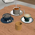 Colorful Coffee Tea And Latte Mugs On Wooden Table With Saucers And Sugar Cubes