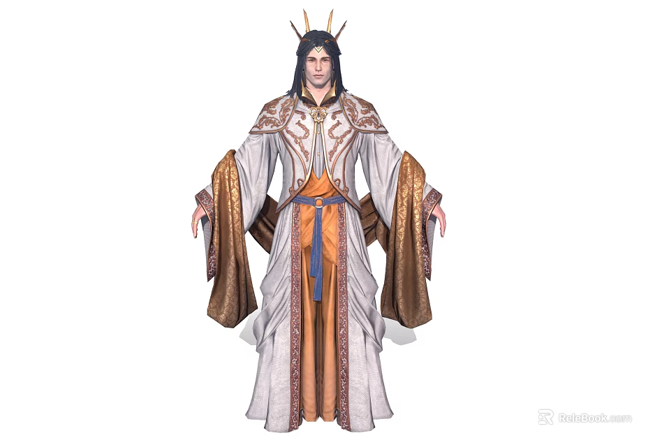 Game And Movie Character Wearing Ancient Gold White Robe With Blue Belt And Crown Headpiece 3d model 