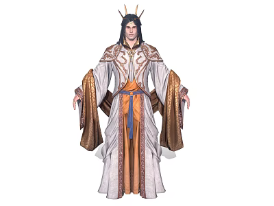 Game And Movie Character Wearing Ancient Gold White Robe With Blue Belt And Crown Headpiece 3d model