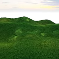 Park Landscape Featuring Green Rolling Grass Hills And Sunset Sky Clouds Light