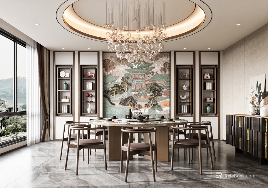 Traditional Chinese Private Dining Room Interior With Round Crystal Chandelier And Landscape Painting 3d model 