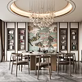 Traditional Chinese Private Dining Room Interior With Round Crystal Chandelier And Landscape Painting