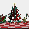 Festive Christmas Tree Decoration With Red Green Colors Star Top Logo And Gifts