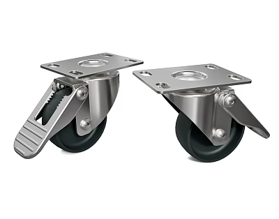 Durable Rubber Tires Caster Wheels With Metal Base Brake Pedal And Black Wheels 3d model