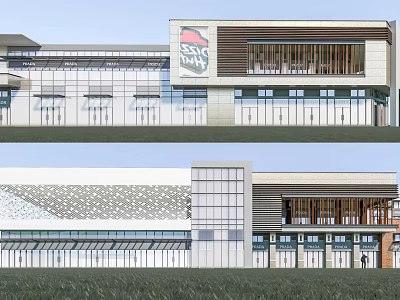 Modern Commercial Complex Exterior Design With Glass Curtain Wall And Geometric Facade 3d model