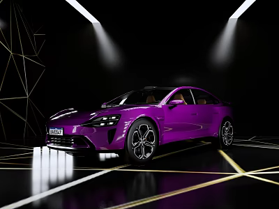 Purple Modern Sports Car in Display Setting with Geometric Lines and Spotlight 3d model