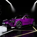 Purple Modern Sports Car in Display Setting with Geometric Lines and Spotlight