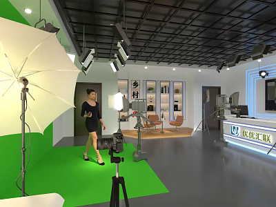 Mall Store Exhibition Hall Featuring Multi-Treasure Cabinets Photography Lights Green Carpet And Woman Walking 3d model
