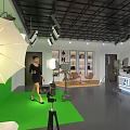 Mall Store Exhibition Hall Featuring Multi-Treasure Cabinets Photography Lights Green Carpet And Woman Walking