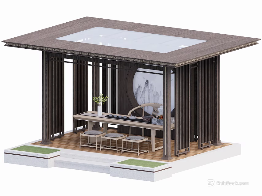 Chinese Style Pavilion With Wooden Structure Glass Skylight Table Chairs And Landscape Painting 3d model 