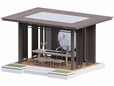 Chinese Style Pavilion With Wooden Structure Glass Skylight Table Chairs And Landscape Painting 3d model