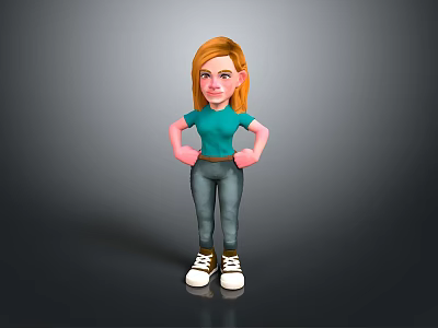 Cartoon Girl Character Wearing Green T-Shirt Blue Jeans with Hands on Hips Standing Pose 3d model