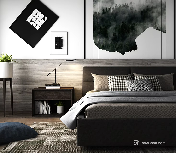 Modern Double Bed in Bedroom with Wooden Accent Wall Decorative Paintings Nightstand and Table Lamp 3d model 