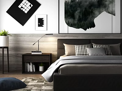 Modern Double Bed in Bedroom with Wooden Accent Wall Decorative Paintings Nightstand and Table Lamp 3d model