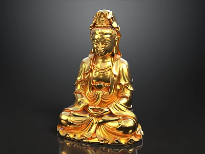 Golden Shiny Guanyin Statue In Dignified Sitting Posture On Black Background 3d model
