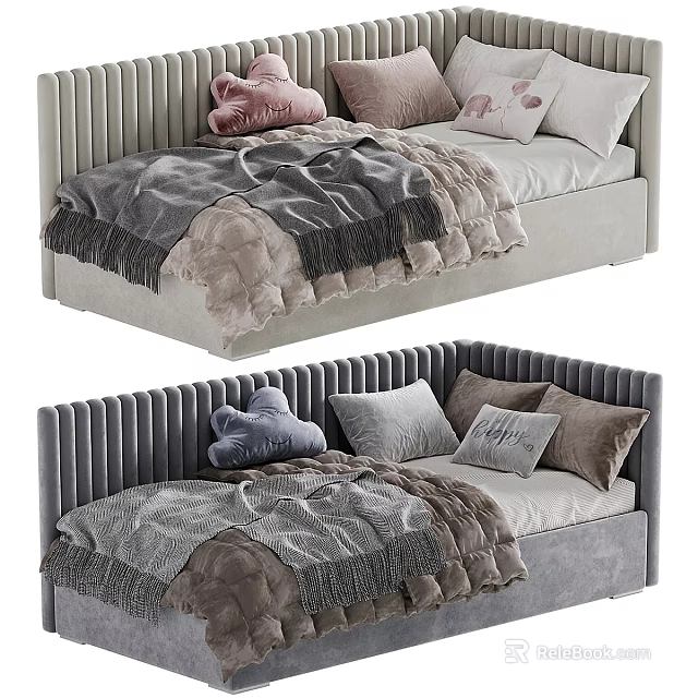 Cozy Modern Children's Bed With Velvet Upholstered Vertical Striped Headboard And Soft Pillows And Blankets 3d model 