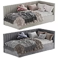 Cozy Modern Children's Bed With Velvet Upholstered Vertical Striped Headboard And Soft Pillows And Blankets