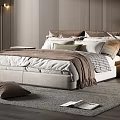 Modern Bedroom Interior With Wooden Paneling Bed Linen Accent Chair Rug And Pendant Lights