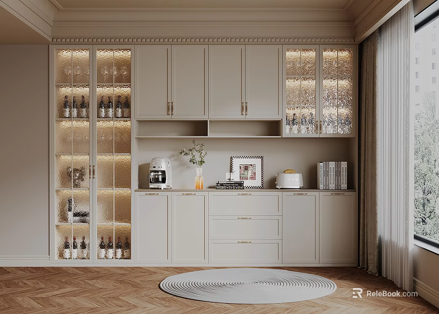 Modern Luxury Wine Cabinet Design With Glass Doors LED Lighting And Wine Bottles 3d model 