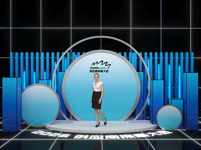 China Construction Themed Photo Spot With Blue Columns And Circular Stage Decor 3d model