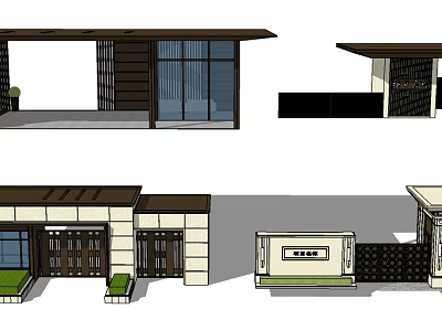 Modern Entrance Gate Design With Wooden Doors Stone Walls And Glass Panels 3d model