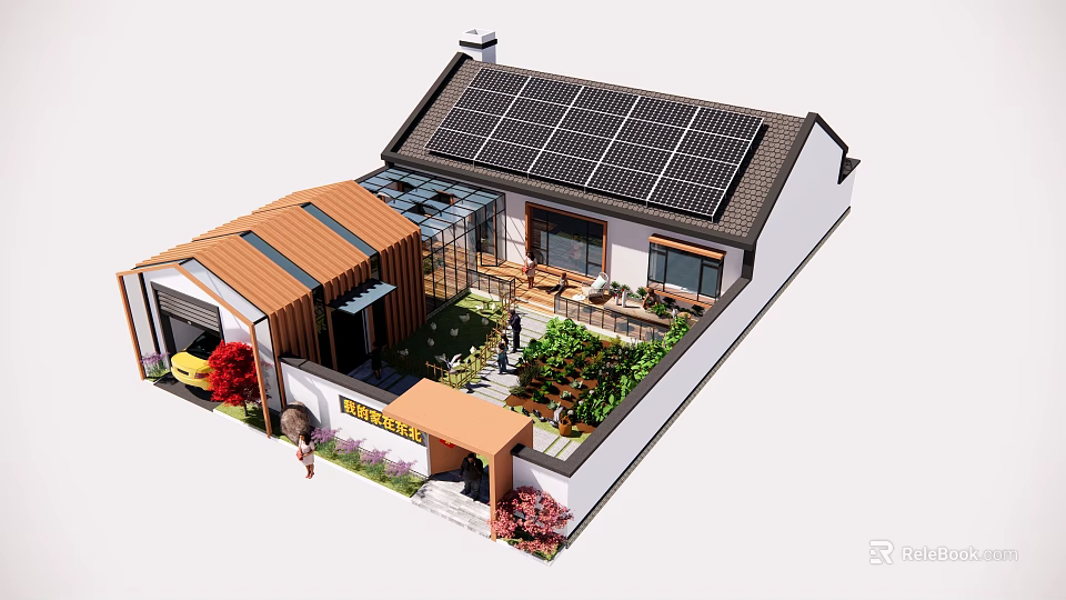 Detached House with Solar Panels on Roof and Courtyard Garden with Green Plants 3d model 