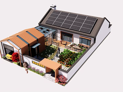 Detached House with Solar Panels on Roof and Courtyard Garden with Green Plants 3d model