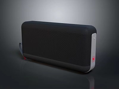 Modern Black Computer Speaker With Mesh Front Panel Silver Trim Red Logo And Reflective Base 3d model