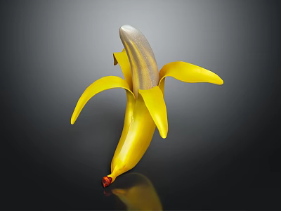 Peeled Banana With Yellow Peel And Silver Flesh On Black Background With Reflection 3d model