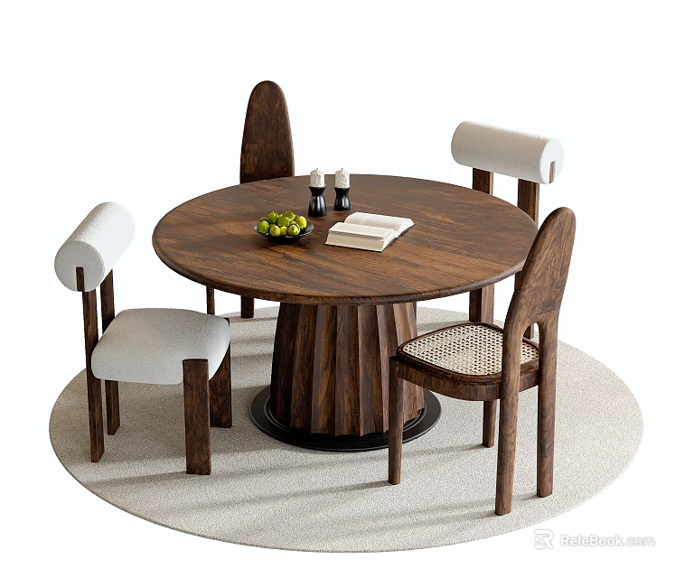 Round Wooden Dining Table and Four Chairs Set with Fruits Books on Modern Home Mat 3d model 