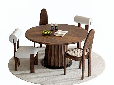 Round Wooden Dining Table and Four Chairs Set with Fruits Books on Modern Home Mat 3d model