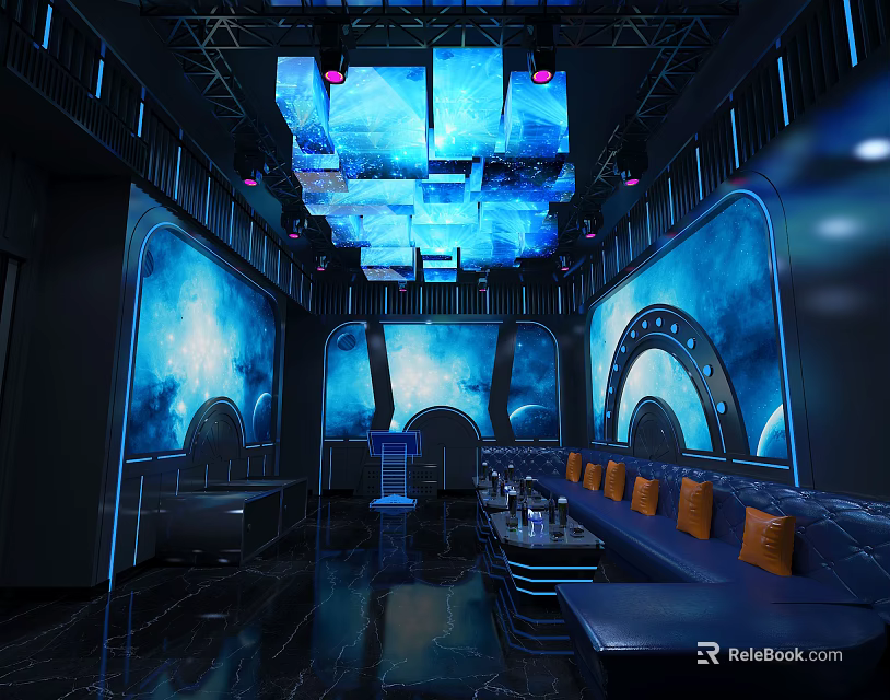 Blue Space Theme KTV Interior Design With Ceiling Screens And Sofa Seating 3d model 
