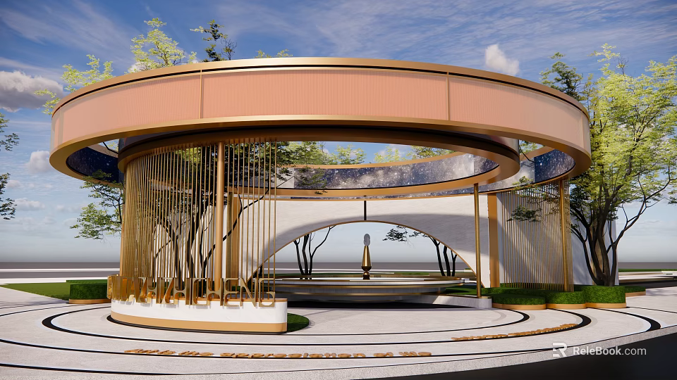 Elegant Modern Circular Pergola Design With Golden Frame And Surrounding Trees Open Space 3d model