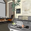 Cozy Living Room Interior With Sofa Armchair Table Lamp And Green Plant