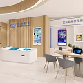 Modern Hotel Lobby With Large Blue Digital Screen Blue Sofas Wooden Decor And Green Plants