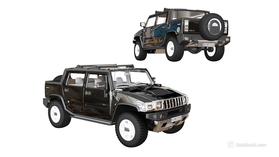 Black And Blue Off Road SUV With Large Tires Spare Tire And Roof Rack Design 3d model 
