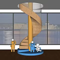 Wooden Spiral Staircase With Blue Base Miniature Figures And City Night View Through Large Windows