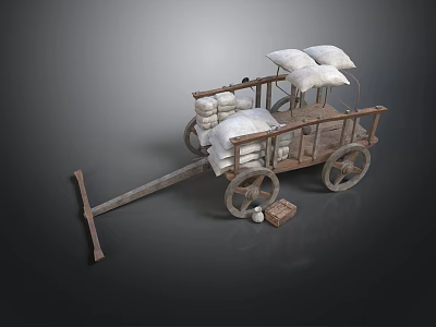 Old Wooden Cart Loaded With White Sacks Four Wheels And Small Wooden Box 3d model