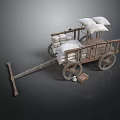 Old Wooden Cart Loaded With White Sacks Four Wheels And Small Wooden Box
