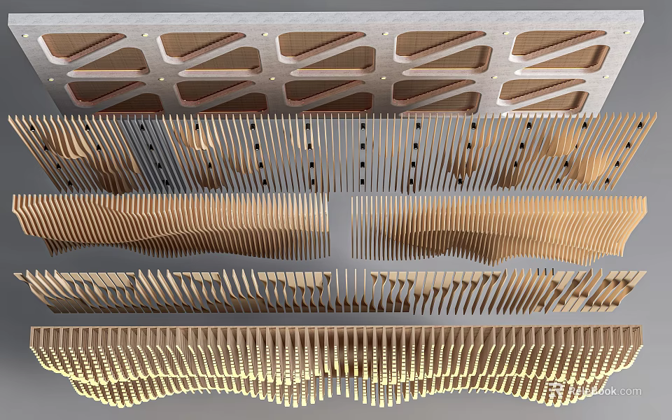 Modern Ceiling Design With Geometric Patterns Layered Wood And Metal Details 3d model 