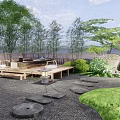 Karesansui Japanese Garden with Thatched Roof Wooden House Stone Lanterns and Mossy Greenery