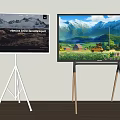 Two TVs with Different Stands Display Scenery and Product Interface