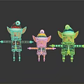 Three Festive Christmas Elves In Colorful Striped Outfits With Hats And Reflections